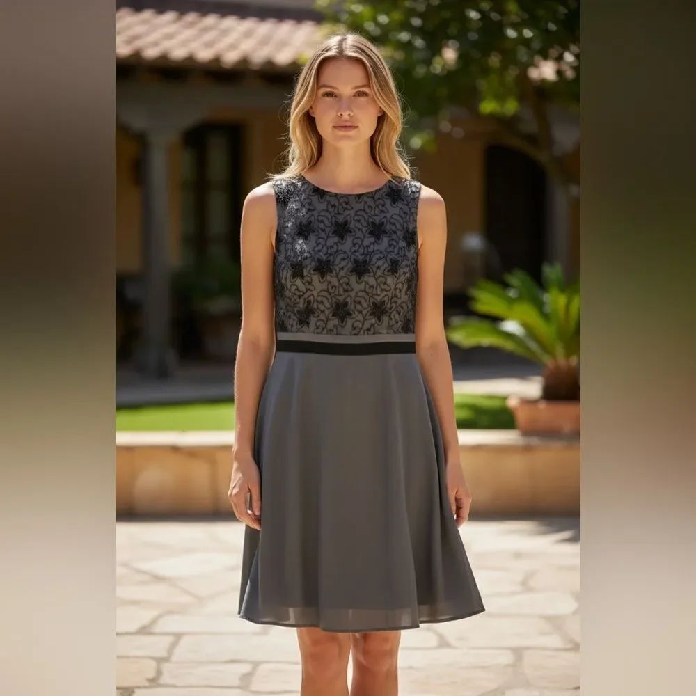 Jack Rogers Women’s Size 8 Fit & Flare Dress Grey Boat Neck Pleated Skirt NWT